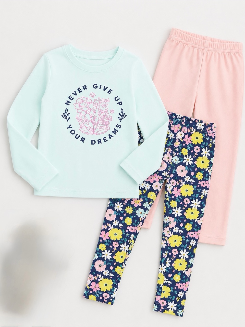 Girls 3 piece pack leggings top shirt tee pants floral soft pink blue